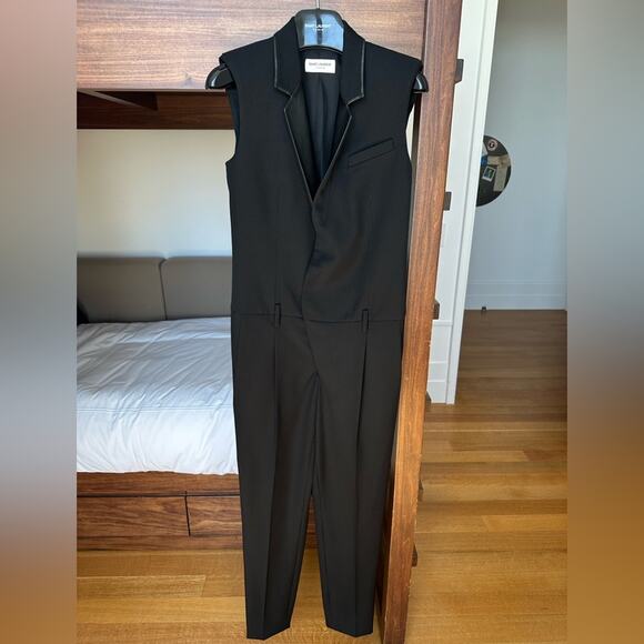 Saint Laurent Tuxedo Jumpsuit size FR 34 Black Wool Leather trim Pants - Picture 6 of 11